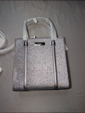 Kate Spade Kenzie Glitter Small Tote Bag KI959 Blueish Silver Purse NWT